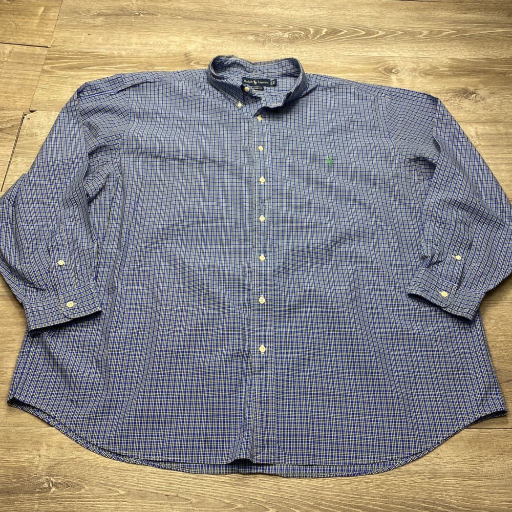 Ralph Lauren Mens 3X Big Blue Plaid Cotton Button Down Shirt Classic Long Slv